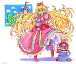  1boy 1girl \m/ blonde_hair blue_eyes brown_hair commentary crown dress floating_hair gloves hat highres long_hair looking_at_viewer mario mario_(series) oomasa_teikoku open_mouth overalls pink_dress princess_peach squatting thumbs_up very_long_hair white_gloves 