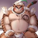  1:1 2020 anthro blush bulge clothing felid genitals hi_res hombretigre kemono male mammal mohumohudansi overweight overweight_anthro overweight_male pantherine penis solo tiger tokyo_afterschool_summoners tongue tongue_out underwear video_games 