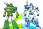  2boys autobot blue_eyes character_name clenched_hands highres hound_(transformers) insignia konachang looking_to_the_side mirage_(transformers) multiple_boys no_humans shoulder_cannon smile transformers 