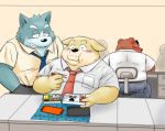  2020 anthro bento_box black_nose blush bottomwear brown_body brown_fur canid canine canis clothing domestic_dog eating food fur group kemono male mammal necktie overweight overweight_male pants shirt sitting topwear toshi_(artist) ursid 