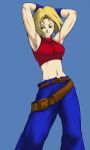  1girl armpits bare_shoulders belt belt_buckle blonde_hair blue_background blue_eyes blue_mary breasts buckle closed_mouth commentary_request fatal_fury gloves midriff navel short_hair simple_background solo the_king_of_fighters 