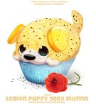  ambiguous_gender black_eyes canid canine canis cryptid-creations domestic_dog english_text feral flower food food_creature mammal muffin plant poppy_(flower) simple_background solo text url white_background white_body yellow_body young 