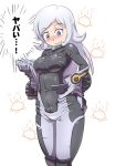  1girl aila_jyrkiainen baozi blue_eyes blush bodysuit breasts food gundam gundam_build_fighters king_of_unlucky looking_down medium_breasts pilot_suit silver_hair solo translated weight_conscious 