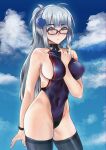  1girl alternate_costume alternate_hairstyle arm_between_breasts bare_shoulders bespectacled between_breasts black_legwear black_swimsuit blue_sky bracelet breasts cloud collarbone day expressionless eyebrows_visible_through_hair girls_frontline glasses green_eyes highres hk416_(girls_frontline) jewelry large_breasts long_hair looking_at_viewer multicolored multicolored_clothes multicolored_swimsuit one-piece_swimsuit outdoors persocon93 ponytail red-framed_eyewear red_swimsuit sideboob silver_hair sky solo swimsuit thighhighs 