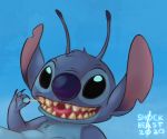  2020 alien antennae_(anatomy) belly black_eyes blue_background blue_body blue_fur claws disney experiment_(lilo_and_stitch) fingers fur head_tuft lilo_and_stitch long_ears male male_(lore) notched_ear open_mouth purple_inner_ear semi-anthro sharp_teeth shock_beast17 signature simple_background stitch_(lilo_and_stitch) teeth tuft 