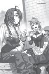  2girls :d ahoge animal_ear_fluff animal_ears apron artist_name bangs between_legs breasts cat_ears cleavage collarbone corset cow_girl_(goblin_slayer!) day floating_hair frilled_apron frills goblin_slayer! greyscale hair_between_eyes hair_over_one_eye hair_tubes hand_between_legs high_ponytail highres kannatsuki_noboru large_breasts long_hair long_skirt long_sleeves medium_hair monochrome multiple_girls novel_illustration official_art open_mouth outdoors overalls padfoot_waitress_(goblin_slayer!) sitting skirt smile very_long_hair waist_apron 
