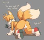  &lt;3 2020 2_tails all_fours anthro backsack balls blue_eyes butt canid canine clothing dialogue dipstick_tail english_text footwear fox fur genitals gloves grey_background half-closed_eyes handwear hatching_(art) hi_res holding_object holding_tool holding_wrench latchk3y looking_back male mammal miles_prower multi_tail multicolored_body multicolored_fur multicolored_tail narrowed_eyes raised_tail shoes simple_background solo sonic_the_hedgehog_(series) text tools two_tone_body two_tone_fur white_balls white_body white_fur wrench yellow_body yellow_fur 