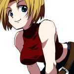  1girl bare_shoulders belt belt_buckle blonde_hair blue_eyes blue_mary breasts buckle closed_mouth fatal_fury looking_at_viewer midriff navel san-pon short_hair simple_background solo the_king_of_fighters white_background 