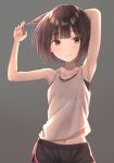  1girl armpits arms_up bangs bare_arms black_hair black_shorts blush bob_cut closed_mouth collarbone commentary_request eyebrows_visible_through_hair grey_eyes grey_tank_top hand_behind_head highres holding holding_hair navel original shiny shiny_hair short_hair shorts smile solo tanbonota46 tank_top 