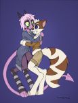  anthro blue_eyes bottomwear clothing coat colored domestic_cat dreamkeepers duo embrace felid feline felis female green_eyes hi_res horn hug leg_warmers legwear mace_(dreamkeepers) male male/female mammal namah_calah remarkably_average shorts simple_background spade_tail topwear trenchcoat 