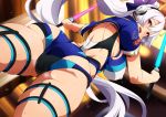  1girl ass bangs blue_bow blue_jacket blue_swimsuit blush bow breasts dual_wielding energy_sword fate/grand_order fate_(series) hair_between_eyes hair_bow headphones highleg highleg_swimsuit highres holding jacket large_breasts long_hair looking_at_viewer looking_back magukappu one-piece_swimsuit open_mouth ponytail red_eyes short_sleeves silver_hair smile swimsuit sword thighs tomoe_gozen_(fate/grand_order) tomoe_gozen_(swimsuit_saber)_(fate) two-tone_swimsuit weapon white_swimsuit 