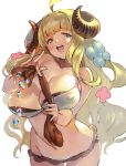  1girl ahoge anila_(granblue_fantasy) bag blonde_hair blush breasts cleavage collarbone commentary_request cowboy_shot crystal draph eyebrows_visible_through_hair flower granblue_fantasy hair_flower hair_ornament highres holding holding_sack horns large_breasts long_hair microskirt navel nonco open_mouth ribbon-trimmed_bikini sack sheep_horns short_eyebrows simple_background skirt solo thick_eyebrows upper_teeth very_long_hair white_background yellow_eyes 