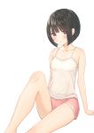  1girl arm_support bangs bare_arms blush bob_cut breasts camisole collarbone commentary_request eyebrows_visible_through_hair eyelashes highres knees looking_at_viewer original parted_lips pink_shorts short_hair shorts sitting solo tanbonota46 white_background white_camisole 