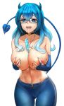  1girl bare_shoulders between_breasts black_choker blue-framed_eyewear blue_eyes blue_gloves blue_hair blue_horns blue_nails blue_pants blue_tail blush braco breasts choker cleavage collarbone commission commissioner_upload cross cross_necklace demon_girl demon_horns demon_tail elbow_gloves eyebrows_visible_through_hair fingerless_gloves food freckles glasses gloves hair_between_eyes heart heart-shaped_pupils heart_choker highres horns jewelry large_breasts long_hair looking_at_viewer messy_hair multicolored_hair navel navel_piercing necklace nipples open_mouth original pants piercing popsicle rectangular_eyewear saliva saliva_trail self_fondle sidelocks smile solo succubus sweat symbol-shaped_pupils tail tongue tongue_out tongue_piercing topless transparent_background two-tone_hair upper_teeth wavy_hair yoga_pants 