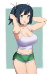  1girl :d andou_shuuki aqua_background aqua_eyes arms_behind_head arms_up bangs bare_arms bare_shoulders blue_hair blush border breasts camisole cleavage commentary_request cowboy_shot crop_top dolphin_shorts eyebrows_visible_through_hair green_shorts hair_ribbon hand_in_hair highres kantai_collection large_breasts looking_at_viewer midriff navel open_mouth outside_border ribbon short_hair short_shorts shorts smile solo souryuu_(kantai_collection) spaghetti_strap standing twintails white_border white_camisole white_ribbon 