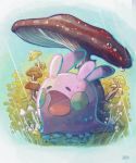  closed_eyes commentary_request gen_6_pokemon goomy grass highres mushroom no_humans open_mouth pokemon pokemon_(creature) rain taking_cover tongue water_drop watermark yukichi_(tsuknak1) 