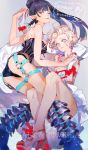  2girls ;) ass bare_arms bare_shoulders blonde_hair blue_eyes blue_hair blurry breasts cleavage curly_hair depth_of_field dewiela earrings eniale enidewi fingernails gloves high_heels high_ponytail holding_hands interlocked_fingers jewelry legs lips lipstick long_hair makeup multiple_girls nail_polish nishihara_isao one_eye_closed panties pink_lipstick pointy_ears red_eyes red_lips red_nails short_hair shoulder_blades smile thighs underwear very_long_fingernails 