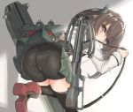  1girl bike_shorts black_legwear black_shorts bow_(weapon) brown_eyes brown_hair commentary_request cowboy_shot crossbow from_behind green_skirt headband headgear kantai_collection kasashi_(kasasi008) leaning_forward looking_at_viewer looking_back machinery panties_under_bike_shorts pantylines pleated_skirt shorts skirt solo taihou_(kantai_collection) thighhighs weapon 