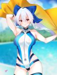 1girl bare_shoulders blue_bow blue_sky blue_swimsuit blurry blurry_background blush bow breasts c@rbon cloud collarbone competition_swimsuit fate/grand_order fate_(series) front_zipper_swimsuit hair_between_eyes hair_bow highres holding holding_towel large_breasts looking_at_viewer meme_attire multicolored multicolored_clothes multicolored_swimsuit one-piece_swimsuit ponytail red_eyes sky smile solo swimsuit thigh_strap tomoe_gozen_(fate/grand_order) tomoe_gozen_(swimsuit_saber)_(fate) towel water white_swimsuit 