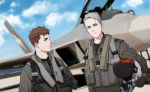  2boys ace_combat ace_combat_04 ace_combat_7 aircraft airplane blue_eyes blue_sky brown_hair cloud day emblem f-22_raptor fighter_jet gloves harness holding jet looking_at_another looking_at_viewer mask military military_vehicle mobius_1 multiple_boys oxygen_mask patch pilot pilot_helmet pilot_suit short_hair signature silver_hair sky skyleranderton standing trigger_(ace_combat) 