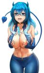  1girl areola_slip areolae bare_shoulders between_breasts black_choker blue-framed_eyewear blue_bra blue_eyes blue_gloves blue_hair blue_horns blue_nails blue_pants blue_tail blush bra braco breasts choker cleavage collarbone commission commissioner_upload covered_nipples cross cross_necklace demon_girl demon_horns demon_tail elbow_gloves eyebrows_visible_through_hair fingerless_gloves food freckles glasses gloves hair_between_eyes heart heart-shaped_pupils heart_choker highres horns jewelry large_breasts long_hair looking_at_viewer messy_hair multicolored_hair navel navel_piercing necklace open_mouth original pants piercing popsicle rectangular_eyewear revealing_clothes saliva saliva_trail self_fondle sidelocks smile solo sports_bra succubus sweat symbol-shaped_pupils tail tongue tongue_out tongue_piercing transparent_background two-tone_hair underwear unzipped upper_teeth wavy_hair yoga_pants 