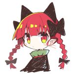  1girl animal_ears asameshi bangs black_bow black_dress bow braid cat_ears cropped_torso dress extra_ears hair_bow highres kaenbyou_rin long_hair looking_at_viewer pointy_ears portrait red_eyes red_hair simple_background solo touhou twin_braids twintails white_background 