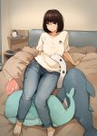  1girl arakure bed bird bob_cut brown_hair denim glasses indoors jeans nintendo_switch original pants penguin shirt sitting solo stuffed_animal stuffed_fish stuffed_shark stuffed_toy stuffed_whale t-shirt 