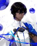  1boy arjuna_(fate/grand_order) brown_eyes brown_hair cape dark_skin dark_skinned_male fate/grand_order fate_(series) gloves hair_between_eyes highres indian_clothes jenny7437435 long_sleeves looking_at_viewer male_focus short_hair simple_background solo upper_body white_background white_cape white_gloves 