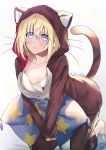  1girl animal_ears animal_hood azur_lane bangs bataan_(azur_lane) bataan_(comfy_cotton_jammies)_(azur_lane) blonde_hair blue_eyes blush cat_ears cat_hood collarbone commentary_request eyebrows_visible_through_hair fake_animal_ears fake_whiskers hair_between_eyes highres hood long_sleeves looking_at_viewer matori_(penguin_batake) pajamas pillow short_hair smile solo tail 