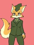  2020 3:4 anthro black_nose bottomwear brown_eyes canid canine clothed clothing eyewear female fiddlica fox fully_clothed glasses green_bottomwear green_clothing green_pants green_shirt green_topwear hat headgear headwear looking_at_viewer lt._fox_vixen mammal military_uniform pants pink_background sek_studios shirt simple_background smile solo squirrel_and_hedgehog standing topwear uniform 