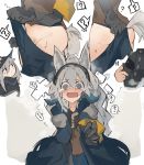  2girls ? @_@ animal_ears arknights ass bangs blush breasts crying crying_with_eyes_open doctor_(arknights) embarrassed gloves grani_(arknights) grey_hair groin hair_between_eyes hip_vent horse_ears long_hair looking_at_viewer mikojin multiple_girls open_mouth pants ponytail pubic_hair shirt skadi_(arknights) spoken_question_mark tail tears 