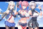  3girls absurdres armpit_cutout azur_lane bare_shoulders blush breasts bremerton_(azur_lane) casablanca_(azur_lane) cellphone commentary_request crop_top grey_hair hairband hebitsukai-san highres large_breasts long_hair multicolored_hair multiple_girls navel_piercing phone piercing pink_eyes pink_hair purple_eyes reno_(azur_lane) short_hair signature silver_hair skirt smartphone streaked_hair twintails 