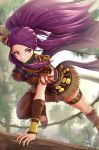  1girl bracer braid breasts brown_eyes cleavage earrings facial_mark fire_emblem fire_emblem:_three_houses fringe_trim gonzarez highres jewelry jungle long_hair midriff nature petra_macneary ponytail purple_hair sandals skirt tree_branch tribal 