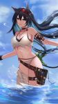  1girl :d animal_ears arknights bangs bare_shoulders belt bikini black_belt black_choker black_hair blaze_(arknights) blitzkrieg_(index_unknown) blue_eyes blue_sky breasts cat_ears choker cleavage cloud commentary_request cowboy_shot day hair_between_eyes hairband highres jewelry long_hair looking_at_viewer medium_breasts navel necklace open_mouth red_hairband sky smile solo standing stomach swimsuit thighs wading water white_bikini 
