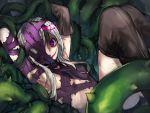  1girl absurdres armpits arms_up black_hair bleeding blood bound brown_legwear covered_nipples entangled goblina highres injury long_hair lying multicolored multicolored_hair on_back original parted_lips purple_eyes scratches smile solo tentacles throne tied_up white_hair 