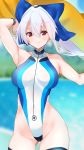  1girl absurdres adapted_costume arms_up beach blue_bow blue_sky blurry bow c@rbon cloud competition_swimsuit contrapposto cowboy_shot day depth_of_field fate/grand_order fate_(series) front_zipper_swimsuit hair_bow highleg highleg_swimsuit highres long_hair looking_at_viewer meme_attire ocean one-piece_swimsuit outdoors ponytail red_eyes sky solo standing swimsuit thighhighs tomoe_gozen_(swimsuit_saber)_(fate) turtleneck white_hair yellow_towel 
