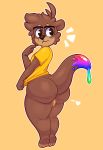 &lt;3 2020 acstlu anthro backsack balls big_butt bottomless brown_body brown_fur butt clothed clothing eyewear fur genitals girly glasses hi_res kawa_(rebouwu) looking_back lutrine male mammal mustelid simple_background thick_thighs yellow_background 
