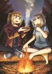  2girls absurdres bangs barefoot black_legwear blonde_hair blunt_bangs blush campfire commentary dolphilia eating eyebrows_visible_through_hair grey_hair highres holding holding_skewer hood hoodie huge_filesize indian_style long_hair long_sleeves multiple_girls open_mouth original outdoors shirt shoes short_sleeves shorts sidelocks sitting sky sneakers star_(sky) t-shirt thighhighs tree twintails upper_teeth 
