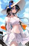  1girl bandeau bangs bare_shoulders black_hair blue_bow blue_eyes blue_sky bow breasts choker cleavage cloud commentary_request cowboy_shot day detached_sleeves hat hat_bow kooemong long_hair long_sleeves looking_at_viewer medium_breasts midriff navel original skirt sky solo standing stomach strapless sun_hat tubetop white_choker white_skirt 