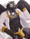  1boy abs absurdres alternate_costume animal_ears bara bulge chest eyewear_removed facial_hair feathered_wings furry green_eyes grey_fur highres jaguar_boy jaguar_ears male_focus male_pubic_hair muscle nipples one_eye_covered pectorals pubic_hair solo tezcatlipoca_(tokyo_houkago_summoners) thick_eyebrows thick_thighs thighs tokyo_houkago_summoners uiokv wings 