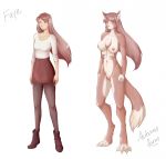  2019 6_breasts anthro bottomwear breasts canid carousel-cat chest_tuft clothing digitigrade female footwear hair hi_res human mammal multi_breast multi_nipple navel nipples nude pubes shirt shoes simple_background skirt smile solo standing topwear transformation tuft white_background 