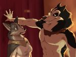  4:3 abs anniehyena_(artist) anthro balto_(film) blue_eyes breasts canid canine canis clothed clothing domestic_dog duo female fox husky male male/female mammal marble_fox mature_female muscular nordic_sled_dog purple_eyes red_fox robe spitz steele_(balto) topless tunic 