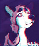  2020 animated anthro black_nose brown_ears brown_eyebrows canid canine canis dark_background digital_drawing_(artwork) digital_media_(artwork) eyebrows glitch grainy male mammal multicolored_body orange_eyes portrait purple_background sad scanlines short_playtime signature simple_background solo spots teeth_showing thick_eyebrows wudo_(wudotcw) wudotcw 