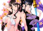  2girls arm_behind_head bangs bare_shoulders bikini black_hair black_swimsuit blush braid breasts chest_tattoo cleavage facial_mark fate/grand_order fate_(series) flower forehead_mark hair_flower hair_ornament hair_up jewelry large_breasts long_hair looking_at_viewer multicolored_hair multiple_girls murasaki_shikibu_(fate) murasaki_shikibu_(swimsuit_rider)_(fate) navel necklace one-piece_swimsuit oversized_object parted_bangs pearl_necklace pen pink_hair purple_eyes purple_hair seashell_necklace sesshouin_kiara sesshouin_kiara_(swimsuit_mooncancer)_(fate) streaked_hair swimsuit tattoo tied_hair twin_braids very_long_hair white_bikini yellow_eyes yukiyanagi 