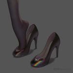  1girl black_footwear feet floral_print glint grey_background high_heels mackintosh_rose neihan_miao_laoshi out_of_frame pantyhose putting_on_shoes rose_print shoes simple_background single_shoe solo strappy_heels tiptoes 