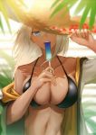  1girl bangs bikini black_bikini blue_eyes breasts cleavage collarbone dark_skin day food hair_between_eyes hand_on_headwear hat highres holding holding_food hot large_breasts lodbyy navel open_mouth original outdoors palm_leaf petals popsicle solo stomach straw_hat sweat swimsuit white_hair 