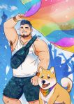  1boy absurdres animal armpit_hair bag bara beard bulge chest crowd daisukebear dog facial_hair highres lgbt_pride male_focus manly muscle nipple_slip nipples original pectorals people rainbow_flag shiba_inu short_hair shorts simple_background solo tank_top upper_body white_tank_top 