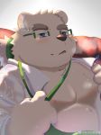  2020 absurd_res anthro belly blue_eyes blush bodily_fluids clothed clothing eyewear glasses hi_res kemono leib_(tas) male mammal moobs nipples open_clothing open_shirt open_topwear overweight overweight_anthro overweight_male polar_bear shirt solo sweat tokyo_afterschool_summoners topwear undressing ursid ursine video_games 信乃也想躺赢 