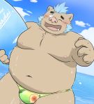  2020 anthro belly blush brown_body brown_fur bulge clothing fur gouryou hi_res hon55728 humanoid_hands kemono male mammal moobs navel nipples one_eye_closed outside overweight overweight_anthro overweight_male solo suid suina surfboard sus_(pig) swimwear tokyo_afterschool_summoners vehicle video_games water watercraft wet wild_boar wink 