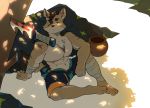  2020 anthro barazoku bonasiah bottomwear brown_body brown_fur canid canine clothing deebo_(zoohomme) fur hi_res humanoid_hands kemono male mammal muscular muscular_anthro muscular_male quanjiang scar shorts sitting solo weapon zoohomme 